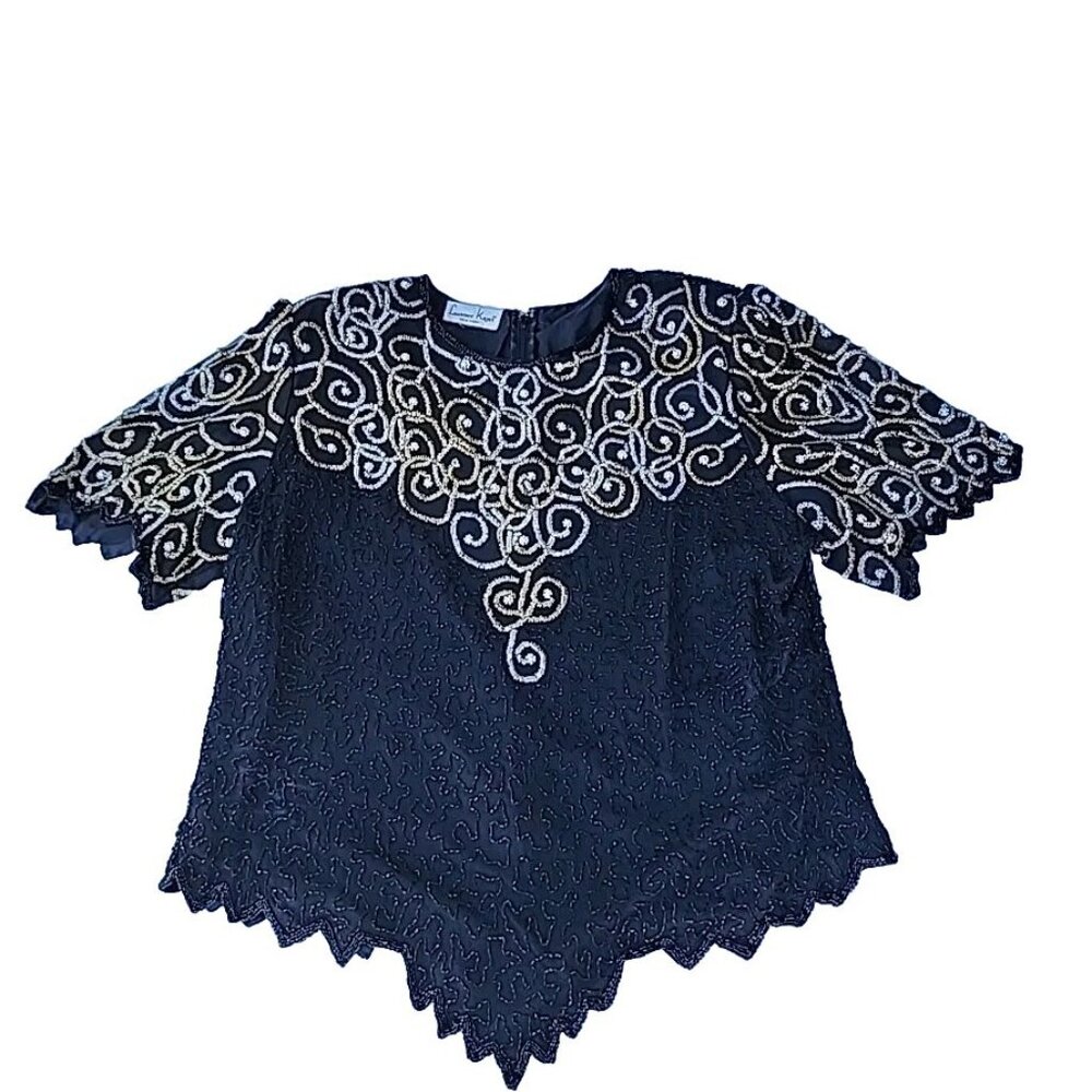 VTG Lawrence Kazar New York Black 100% Silk-Lined Beaded Sparkly Blouse Top Sz L